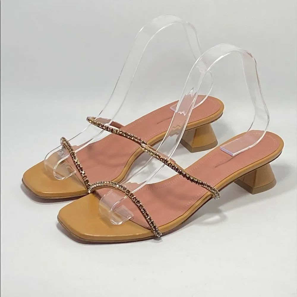 Amina Muaddi Gilda Crystal Strap Heeled Leather Sandals size 38.5